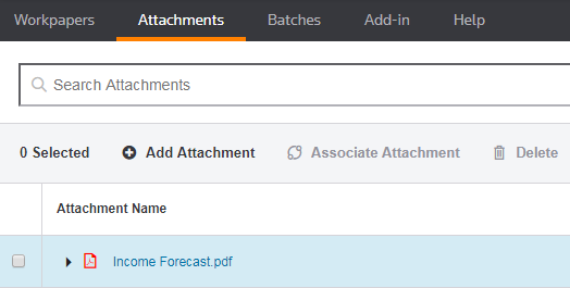 Screen capture showing the main page that lists attachments.
